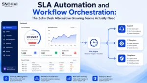 SLA Automation and Workflow Orchestration: The Zoho Desk Alternative Growing Teams Actually Need — hero image showing SLA timer feeding into orchestrated workflow.