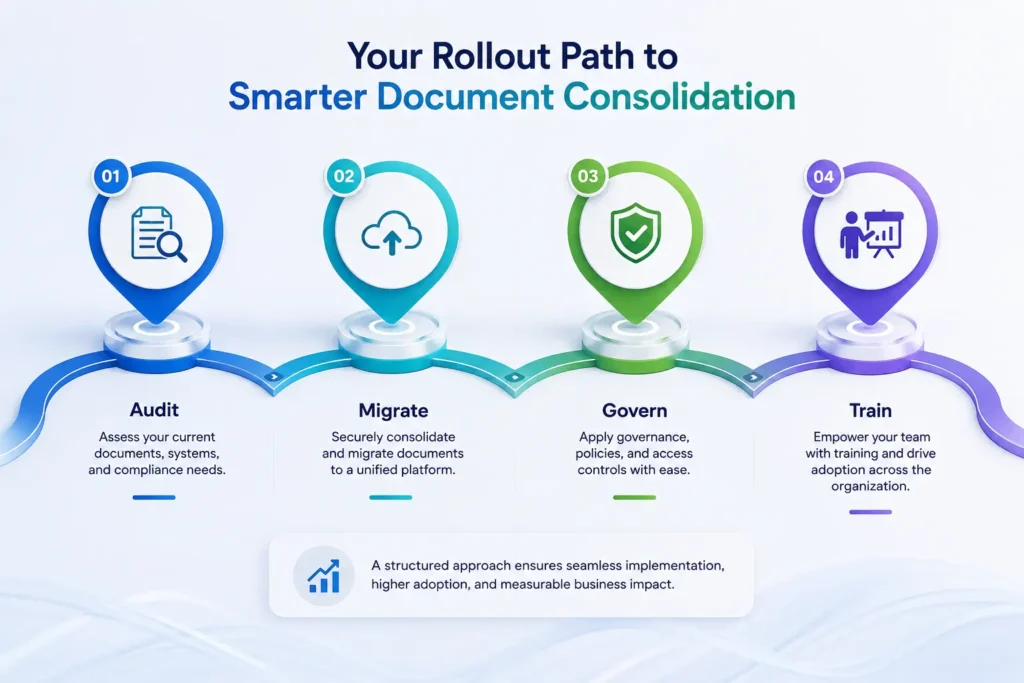 Step-by-step rollout of document consolidation services for enterprises.