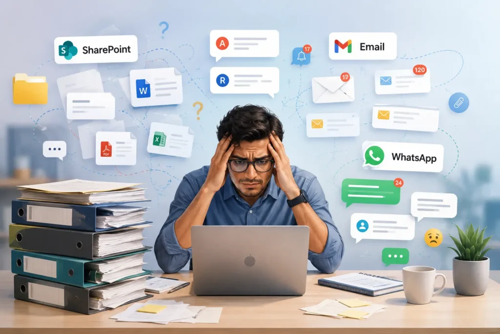 Document consolidation services replacing scattered SharePoint, email, and WhatsApp files.