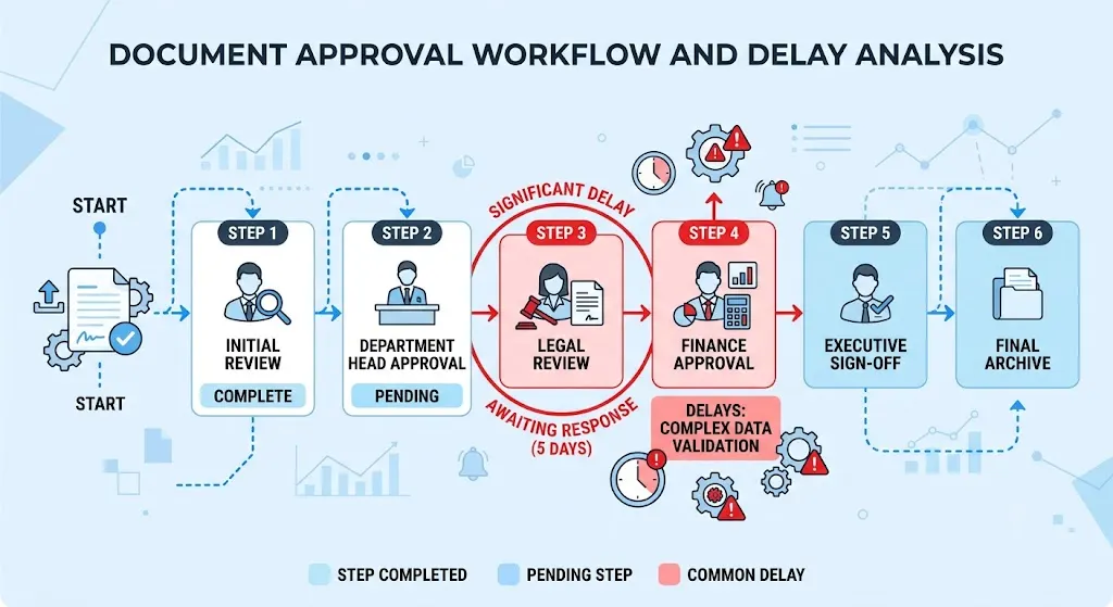 Diagram illustrating common approval workflow mistakes causing delays in a multi-step review chain.