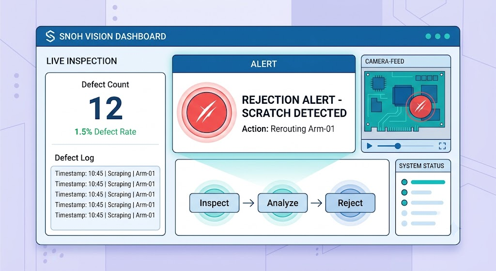 Snoh Vision dashboard delivering AI-based quality control services with real-time alerts.