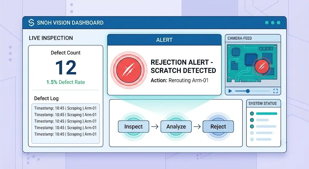 Snoh Vision dashboard delivering AI-based quality control services with real-time alerts.