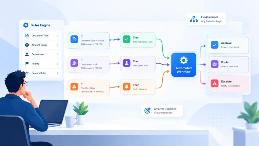 Rule-based workflow automation services rules engine with conditional branching.
