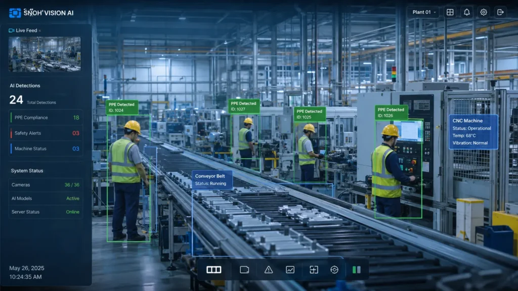 AI video intelligence for manufacturing plants detecting PPE compliance on the factory floor.